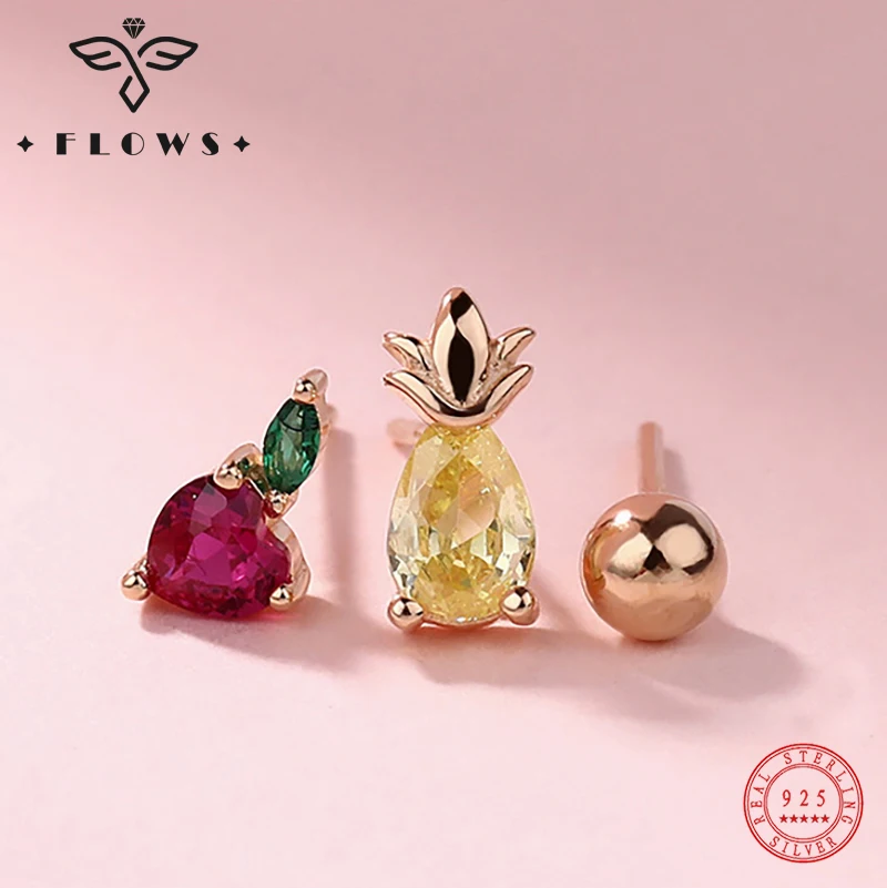 

FLOWS S925 Silver Earrings for Women Cute Korean Style Strawberry Pineapple Stud Earrings Set Ruby Heart Earrings Jewelry серьги