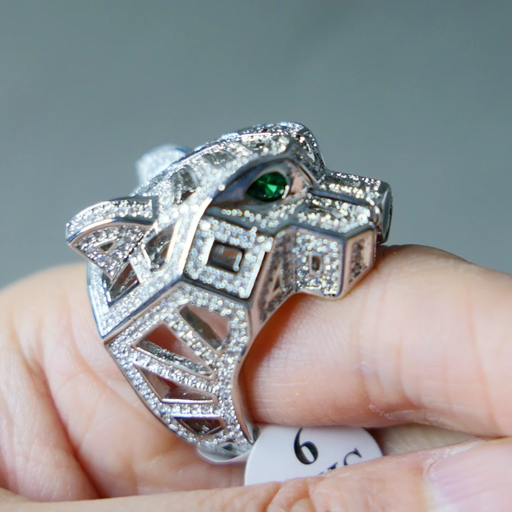 Trendy 925 Sterling Silver Rings Panther Head Green Eye Cubic Zirconia Ring Anniversary Gift For Women Luxury Fine Jewelry