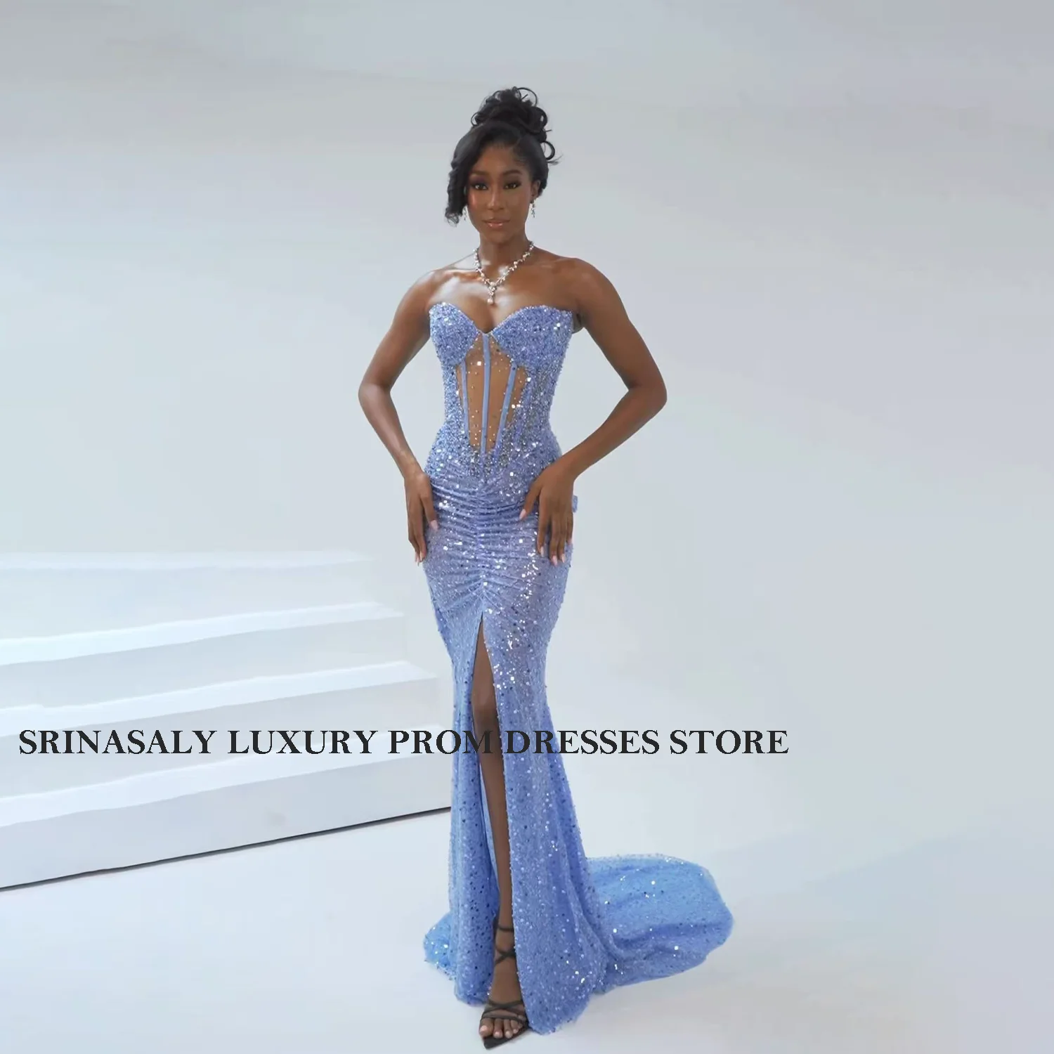 فستان أنيق بحورية البحر للحفلات الراقصة مخصص من Aso Ebi بأكمام مكشكشة رداء De Soiree بدون أكتاف كريستال للحفلات المسائية