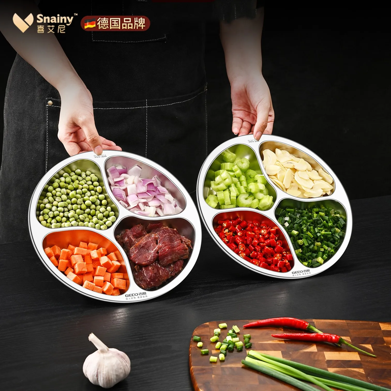 24.9cm Diameter Kitchen Meal Prep Tray LFGB Certified Pure 304 Stainless Steel 4 Sections Platter for Home and Cafeteria