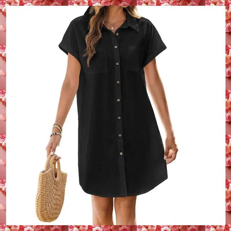Vestido camisero de cintura suelta de manga corta informal con botones y cuello en V de algodón y lino de verano para mujer