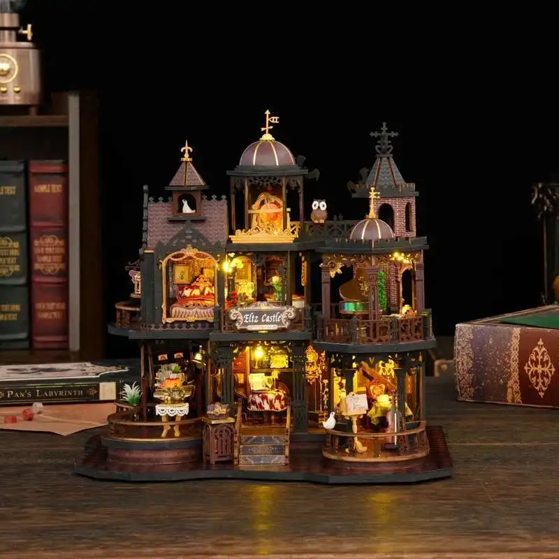 

Retro Edinburgh Castle DIY Wooden House Figurines Miniatures Kits With LED Lights Home Desk Decoration For Adult Handmade Gifts