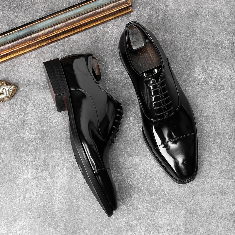 HKDQ Genuine Leather Men Oxford Genuine Dress Shoes Fashion Wedding Pointed Toe Lace Up Business Shoes Formal Black Party Shoe