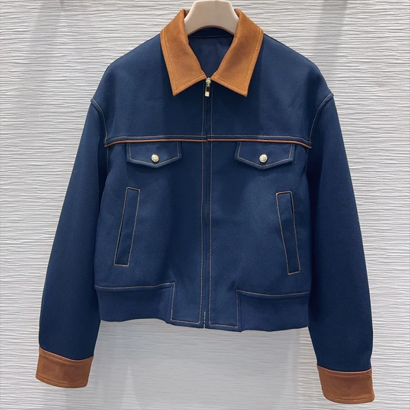 Hochwertiger Damenmantel im neuen Stil mit Faltenkragen und Reißverschluss im Farbblock-Design für Damenbekleidung 25120824