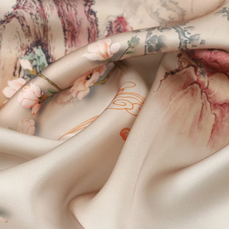 アセテートサテンプリント生地チャイナドレス漢服ドレスマウンテン