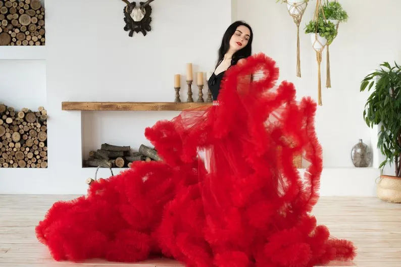 Saia de tule feita sob medida com cauda longa, babados vermelhos, saias de noiva para casamento, sessão de fotos, cintura elástica, adereços de saia de noiva