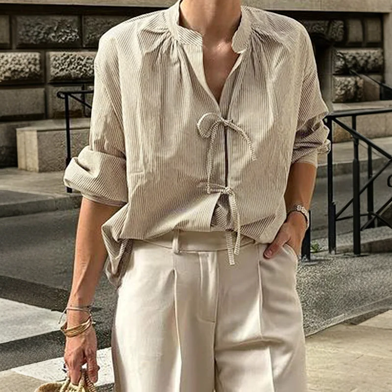 Autumn and Winter New Style Striped Chest V-neck Casual Lazy Shirt