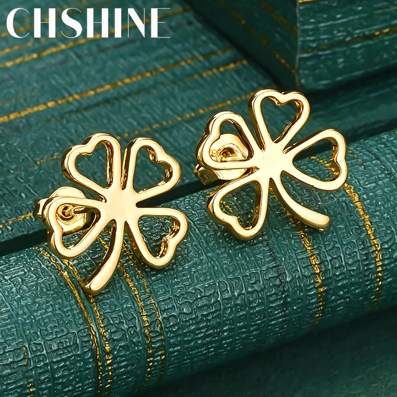 925 Sterling Silver 18K Gold Hollow Heart Four Leaf Clover Stud Earrings for Women Fashion Wedding Party Jewelry