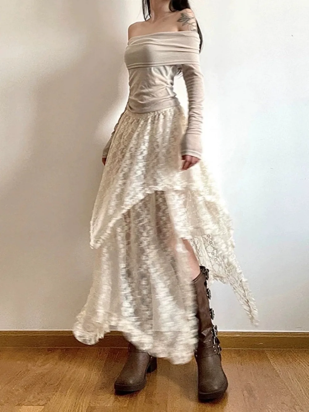 Vintage Hohe Taille Spitze Unregelmäßigen Asymmetrischen Rock Fairycore Frauen Sexy Y2K Boho Ästhetischen Mid Röcke Dame Urlaub Outfits – Detail 5