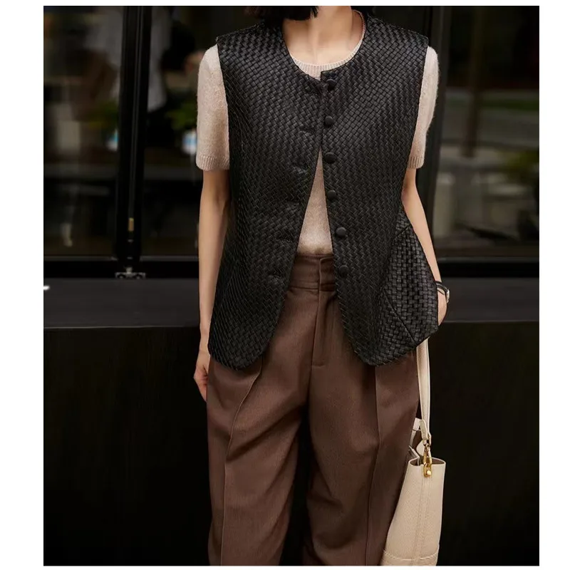 Leren Vest Dames Lente En Herfst Dames Casual Mouwele Schapenvacht Vest Vest Alle Hand Geprepareerd Klein Vierkant Geruit Vest