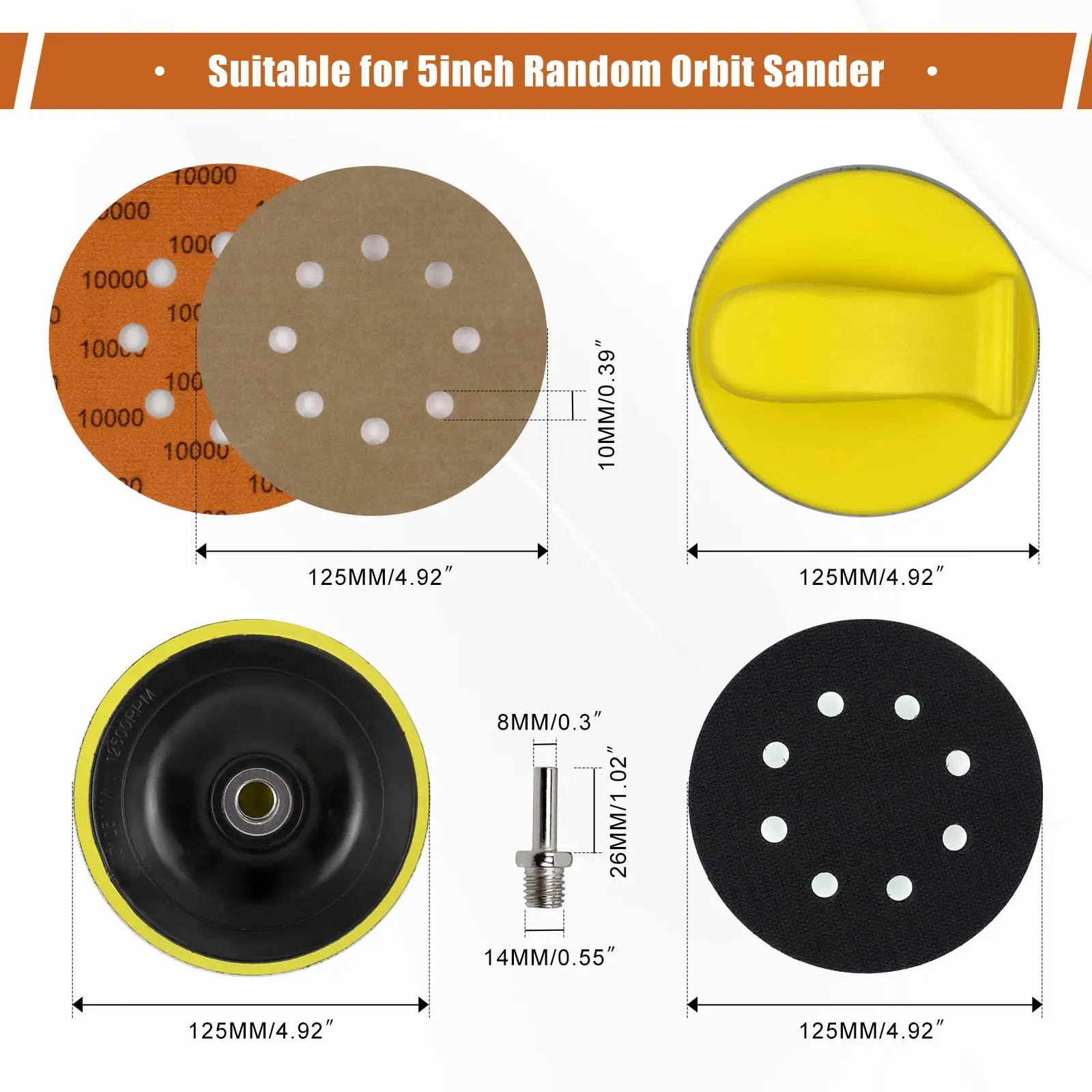 5 inch 8 gaten nat en droog schuurpapierset 54 stuks 100-10000 korrel met M10 steunschijf haaklus zacht schuim bufferpad voor hout