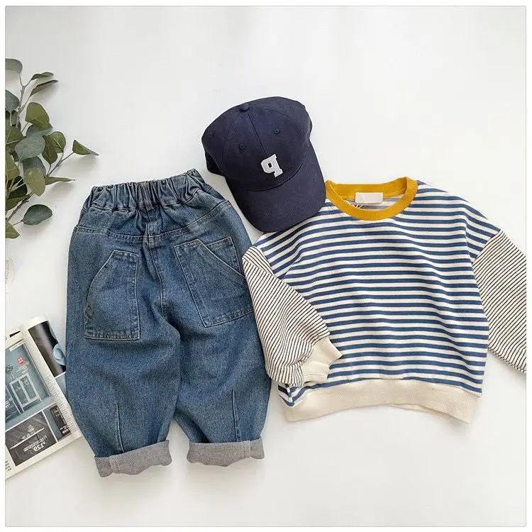 Kids Clothes for Boys Spring Autumn Casual Loose Cotton Sports Pullover Kids Clothes Boys Cotton Full Striped O-Neck