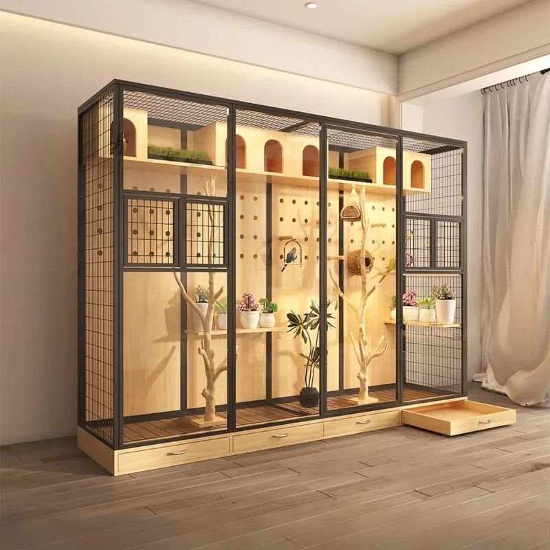 Large Parrot Bird Cage Solid Wood Eco-friendly Transparent Glass Roof Ornamental Villa Outdoor Breeding Cage with Button Closure