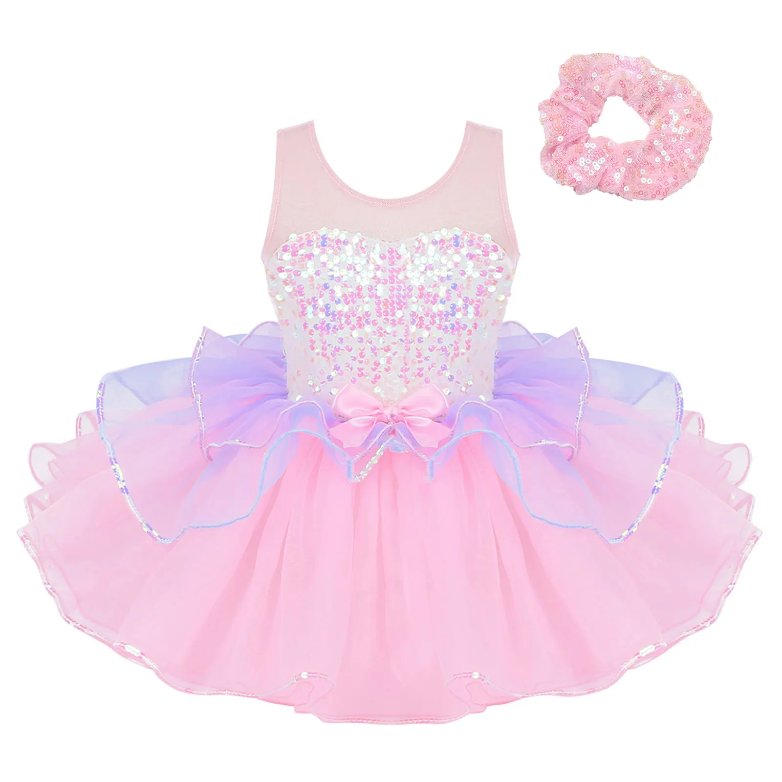 

Children Girls Party Dresses Sequins Ball Gown 3 to 14 Years Sleeveless Bow Tutu Dress with Sequins Hair Tie for Evening Dress