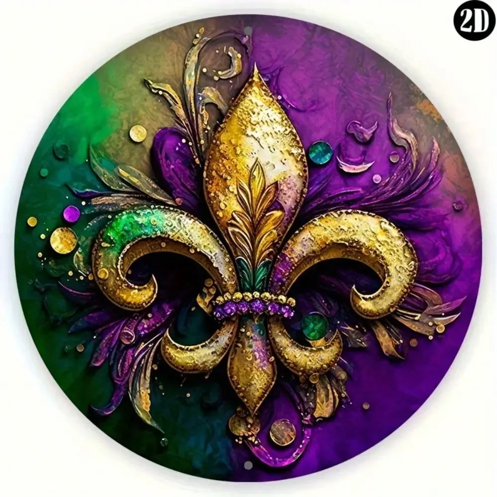 Round Aluminum Chic Purple Fleur De Lis Mardi Gras Wreath Sign - Perfect Halloween & Christmas Decor, Ideal Wall Art for Kitchen