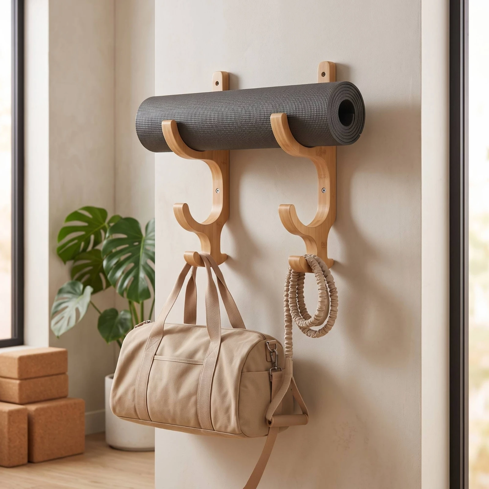 Fitness Mat Rack with Hooks Wooden Fitness Mat Holder with Hooks Gym Accessory Organizer Space-Saving Easy to Install for Yogi view 5