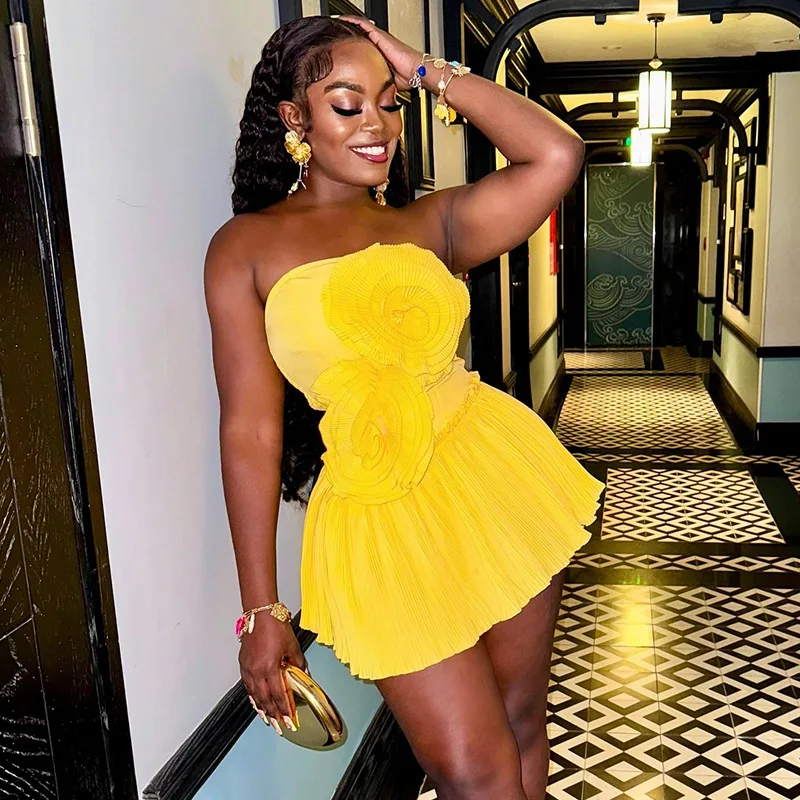 2025 nieuwe Mode Vrouwen Strapless 3D Bloem Mouwloze Bodycon Mini Jurk Zoete Sexy Verjaardag Avond Night Party Club Vestidos