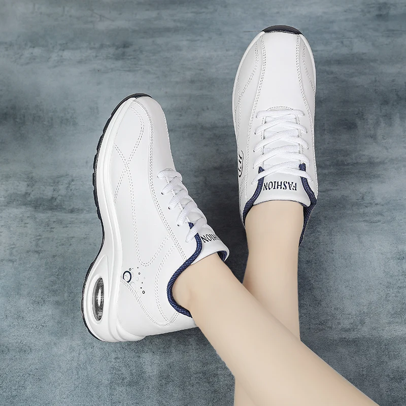 Womens Wakling Shoes Air Cushion Lightweight Tennis Shoe for Ladies PU Comfortable Lace-up Casual Footwear Increasing Height