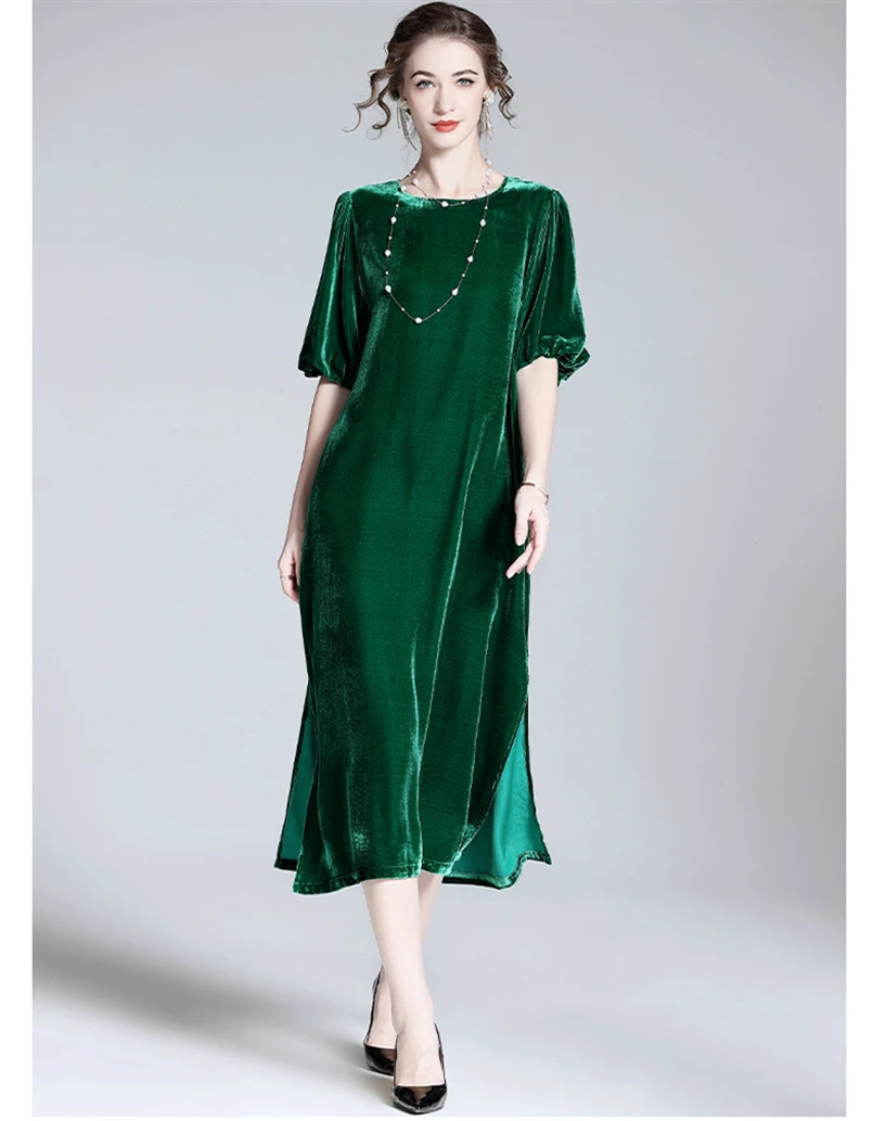 Vestido largo informal de terciopelo Vintage para mujer, vestido holgado de talla grande con cuello redondo y media manga acampanada, Vestidos de fiesta de noche con abertura lateral