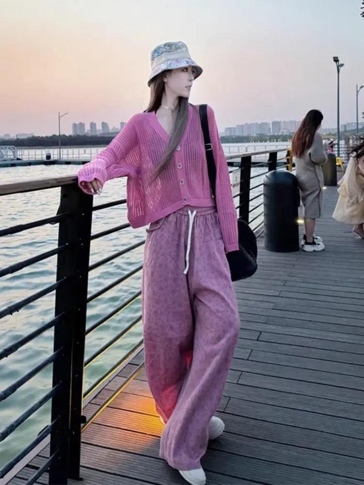 Spring and Summer New French Slimming and Age Reducing Pink Cardigan Printed Wide Leg Pants Two-piece Set