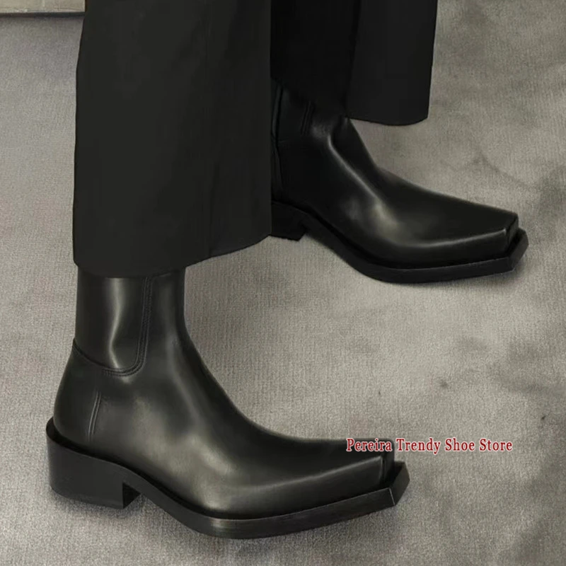 Square Toe Thick Heel Knight Boots for Men Women Retro Black Leather Thick Soled Zipper Chelsea Boots Trendy Male Causal Shoes