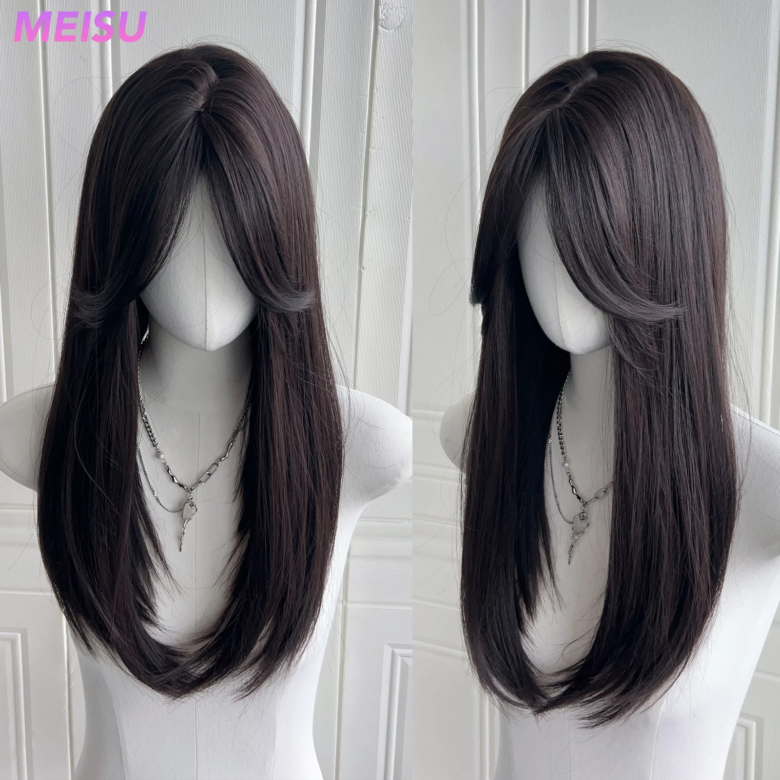 MEISU 24 بوصة الشاي الأسود الاصطناعية الانفجارات شعر مستعار مستقيم الطبقات مستقيم الباروكات الألياف مقاومة للحرارة حفلة أو صورة شخصية للنساء