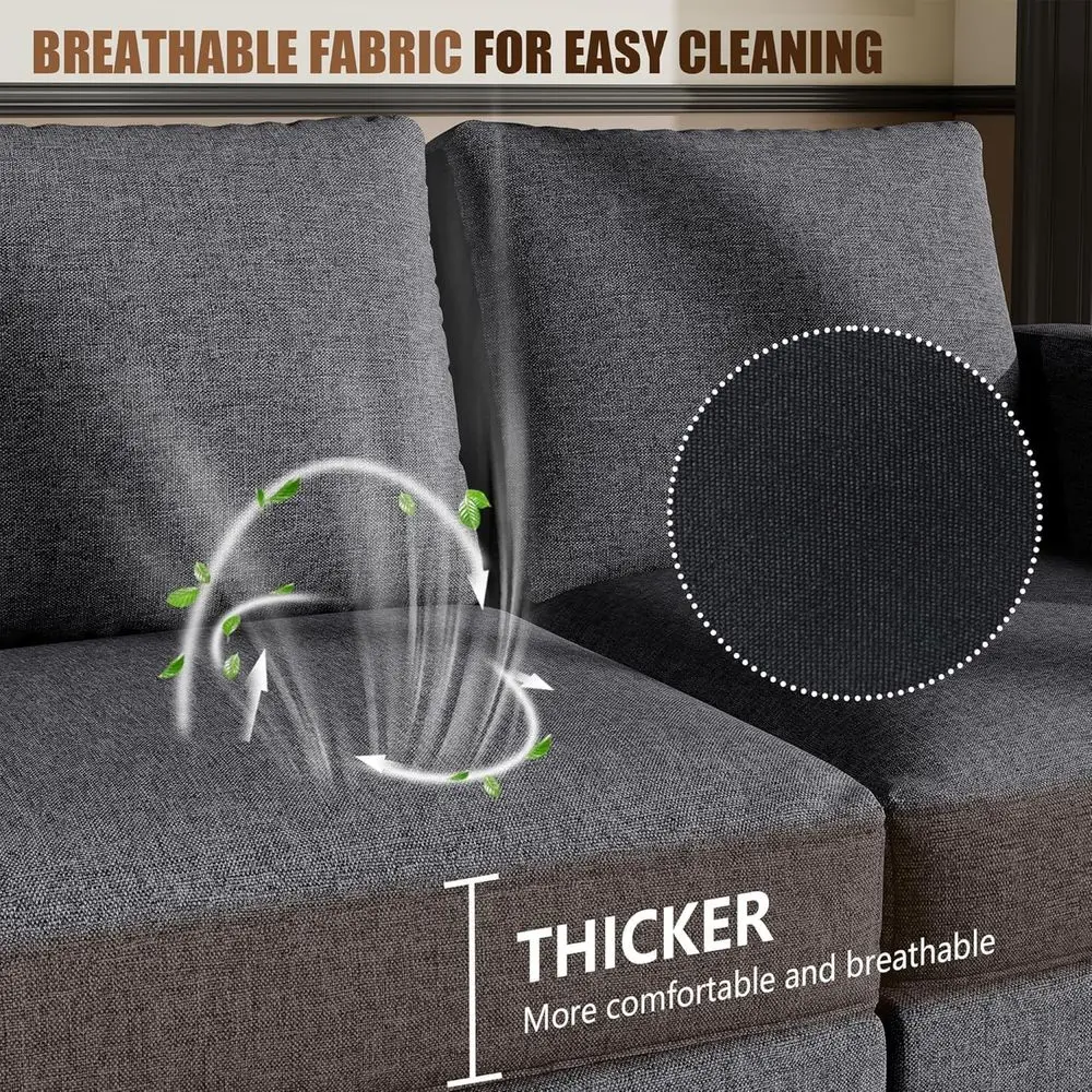 Canapé sectionnel 3 places en forme de L 73,6 avec tissu en lin et pouf, idéal pour les petits espaces, les salons et les bureaux, noir