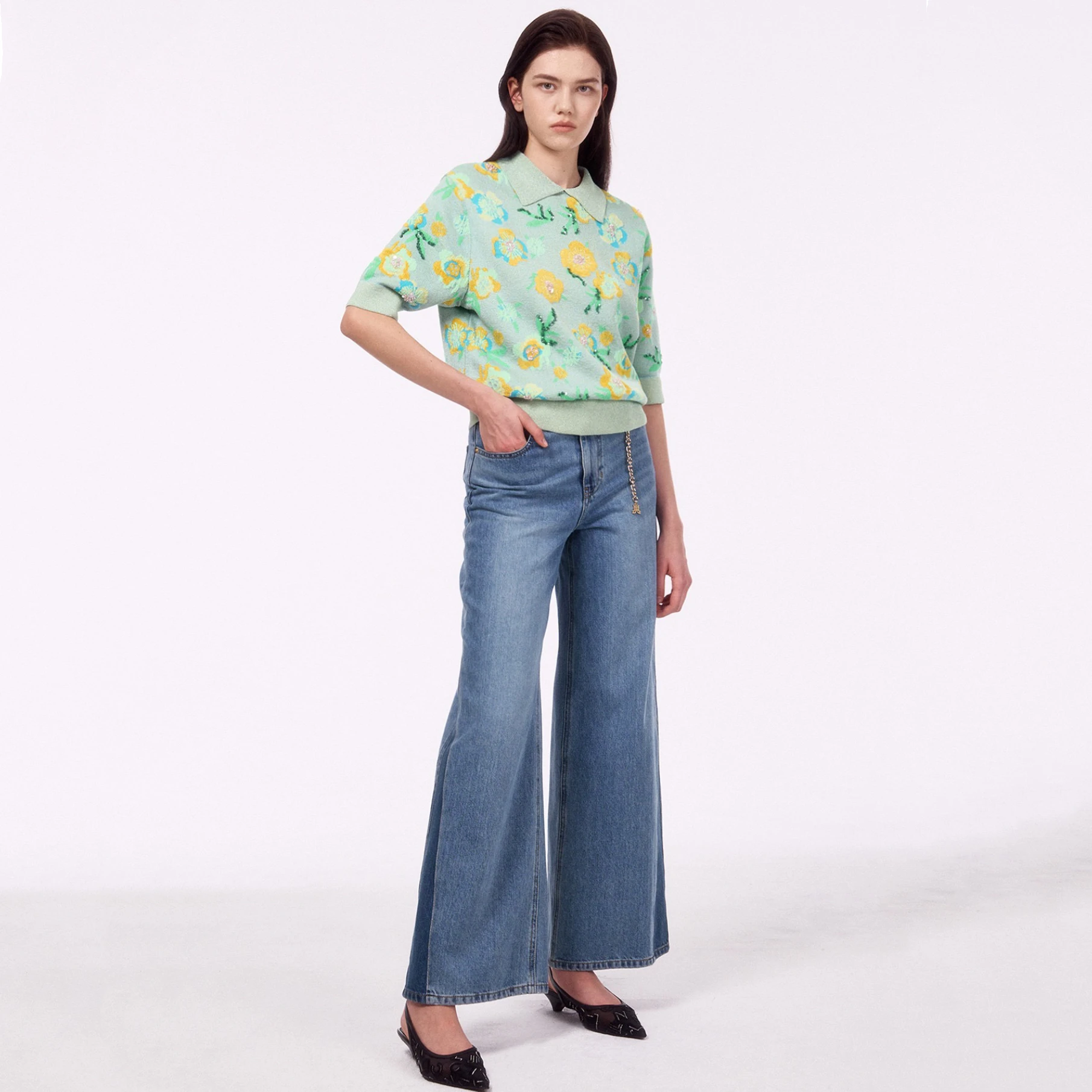 

Lemon Cheese LAN25 Autumn Ne Sequin Flower Pattern Versatile ort Sve Knitted Top Ele Commute Sle Loose Fit