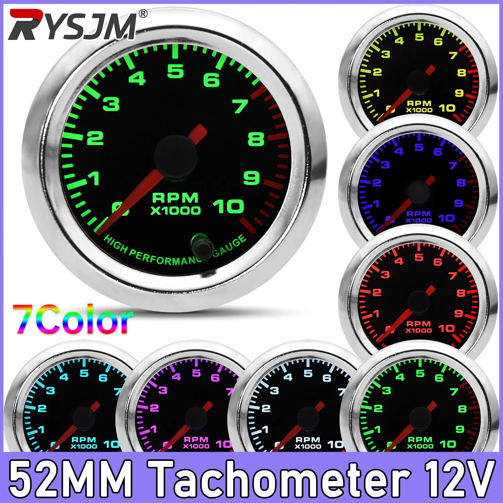 7 Color Backlight 52mm 0-10000 RPM Tachometer Tacho Gauge Car Pointer Tachometer Meter for 12V 4/6/8 Cylinder Gasoline Car