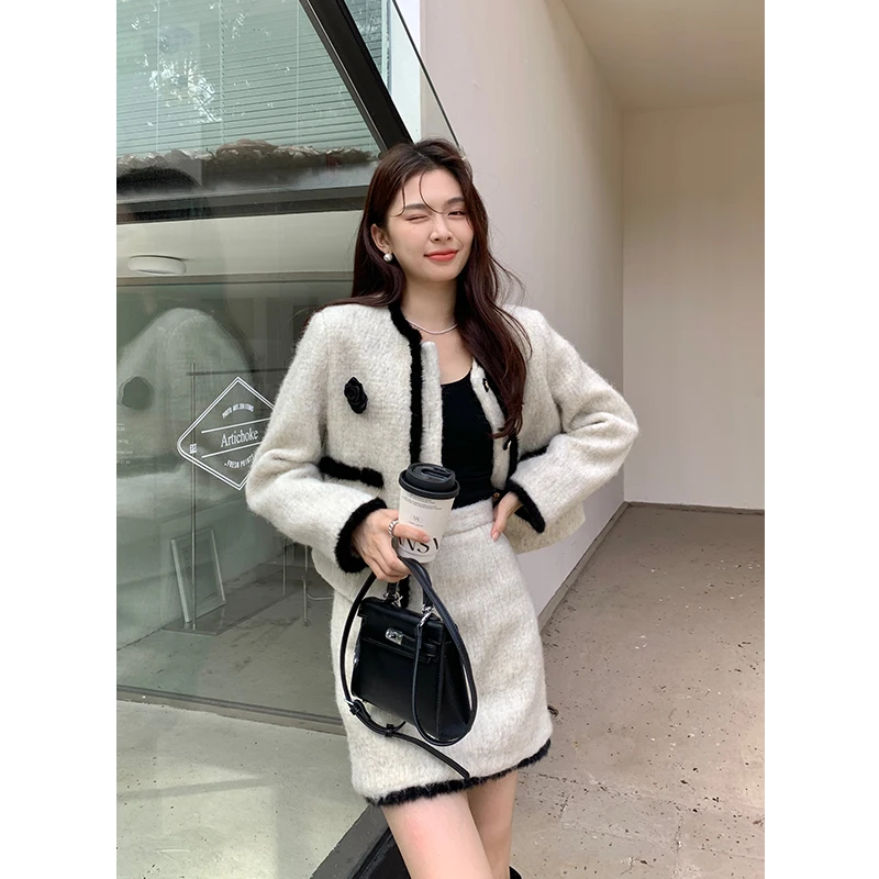 UNXX Real Photos 2024 Winter New Mink Fur Classic Tweed Jacket with Skirt Two-Piece Set Women Female Office Lady Clothing Trendy