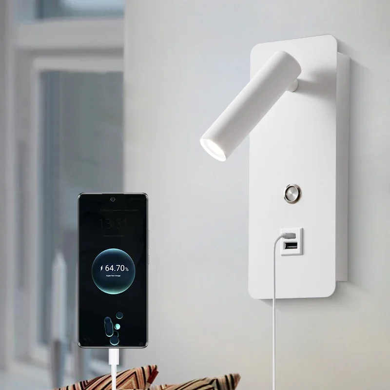 LED Reading Wall Light Mobile Phone USB Charging Rotating Wall Lamp Bedroom Bedhead Living Room Background Decorative Lighting