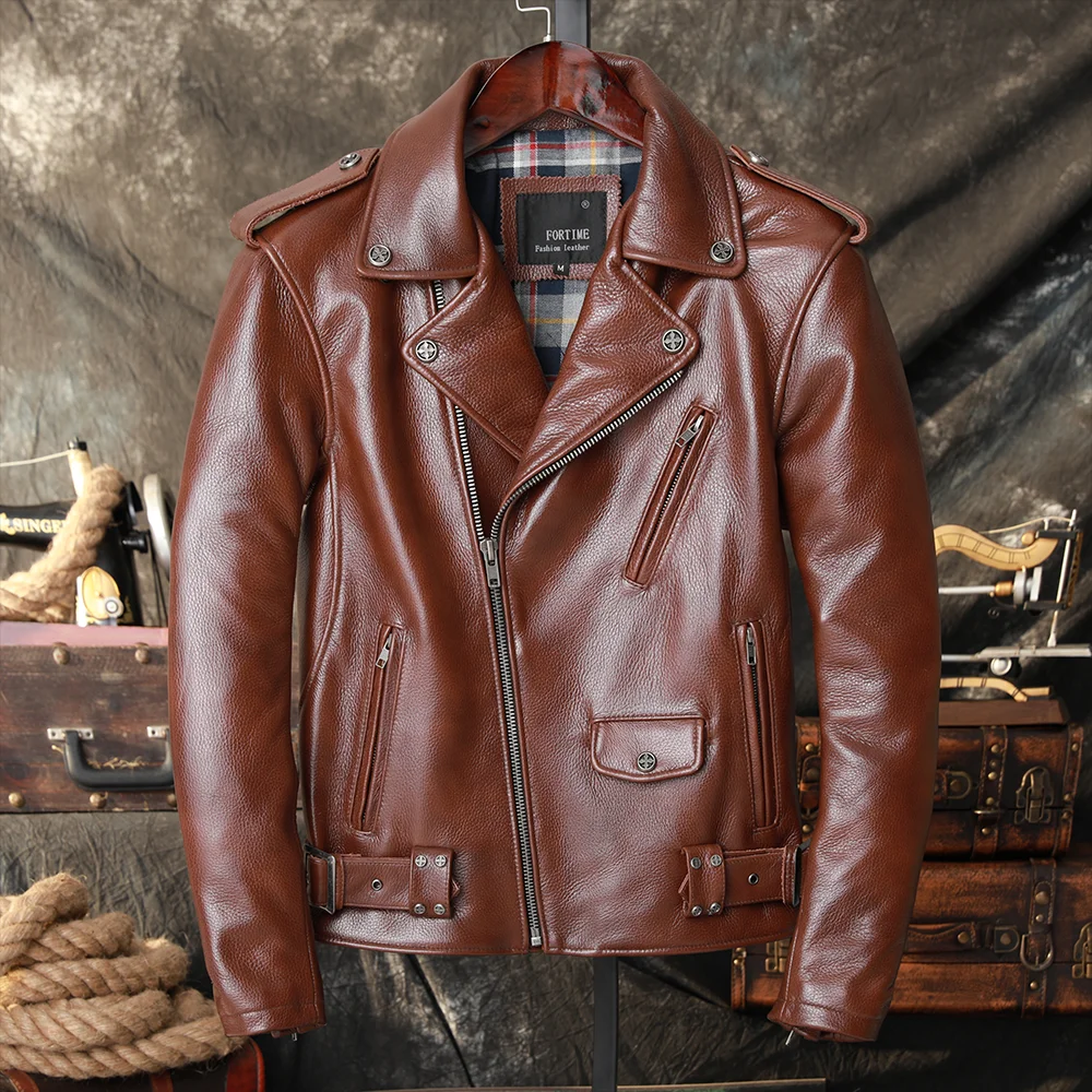 Brown Winter Leather Jacket Men Sports Style Plus Size 5XL Genuine Natural Thick Cowhide Turn-Down Collar Diagonal Zipper Coat