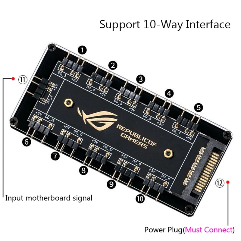 10Port 5v 3Pin ARGB Hub LED Stripe Sata/Molex Power Supply Graphics Card SYNC Light Adapter Plate For Fan Water Cooling Radiator