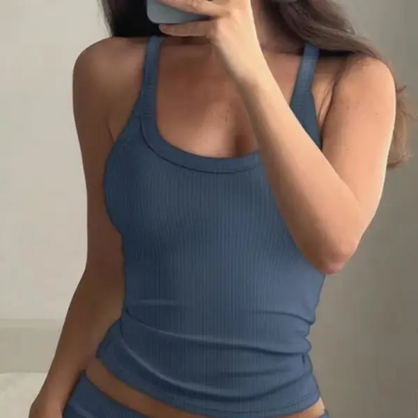 

Women's Trousers Sports 2 Piece Outfits Round Neck Spaghetti Strap Cami Top & Elastic Waist Wide Leg Pants Set Casual Ribbed Set