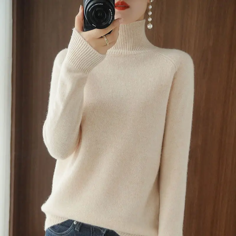 Thickened High Collar Long Sleeve Knitted Sweater Women's Loose Fit  Color Crew Neck Winter Top Korean Style Knitwear