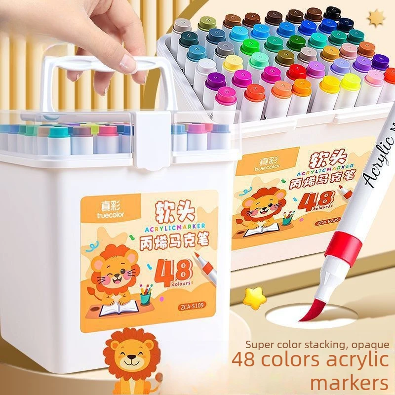 Confezione da 48 pennarelli acrilici con secchio portaoggetti Pennino morbido Arte multisuperficie inodore per studenti di design di diario creativo