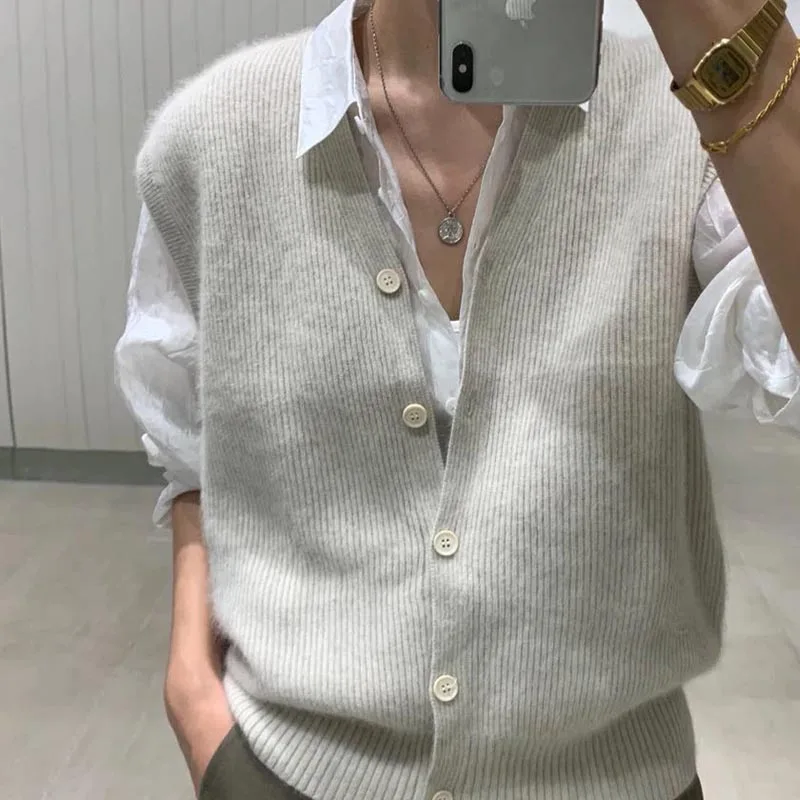 Autumn Fashion Solid Sleeveless Casual Loose Women Vest Sweater Warm Knitted V Neck Cardigan Elegant Ladies Clothes 16348