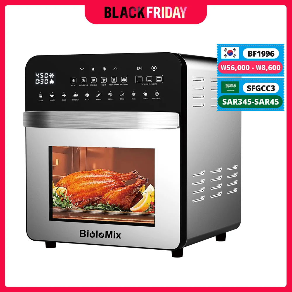 BioloMix 15L Air Fryer 1700W Dual Heating Toaster Rotisserie and Dehydrator 11-in-1 Countertop Stainless Steel Oven