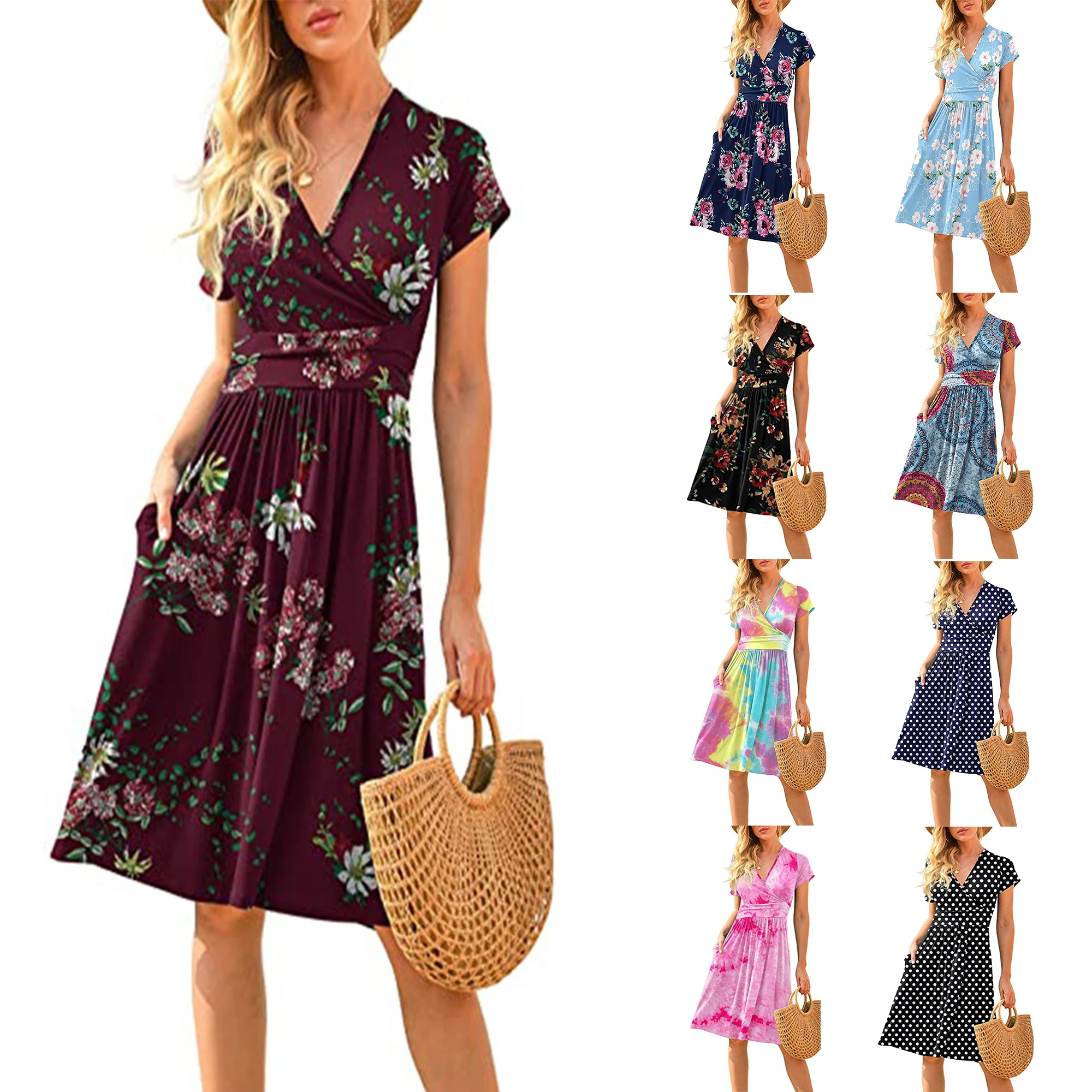 2024 Spring/Summer New Women's Long Skirt V-neck Short Sleeve Pocket Printed Loose Dress in Europe and America