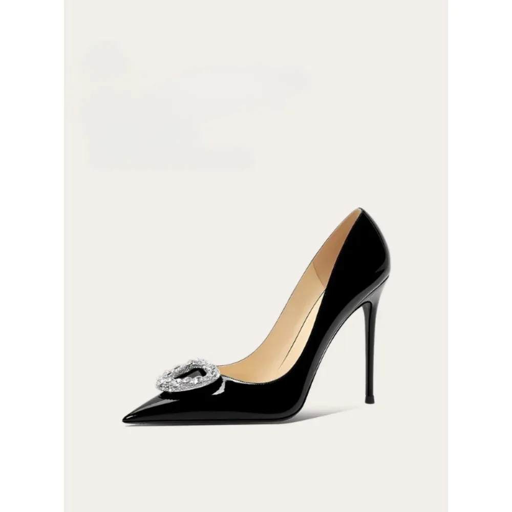

Elegant Black Patent Leather Stiletto Heels with Shiny Rhinestone Buckle for Women Office