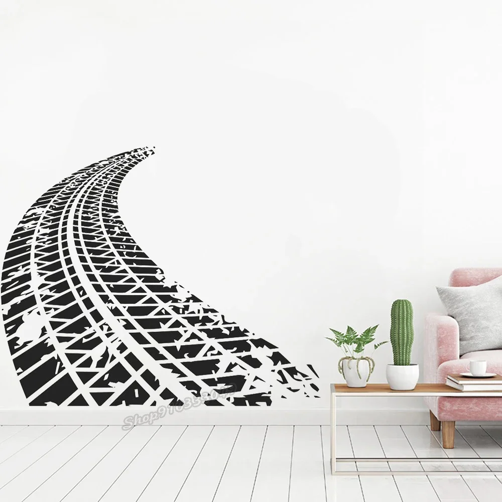 Tire Tracks Wall Decal Race Car Auto Motorcycle Sports Tire Marks Vinyl Wall Sticker Funny Teen Kids Boy Bedroom Decor C615