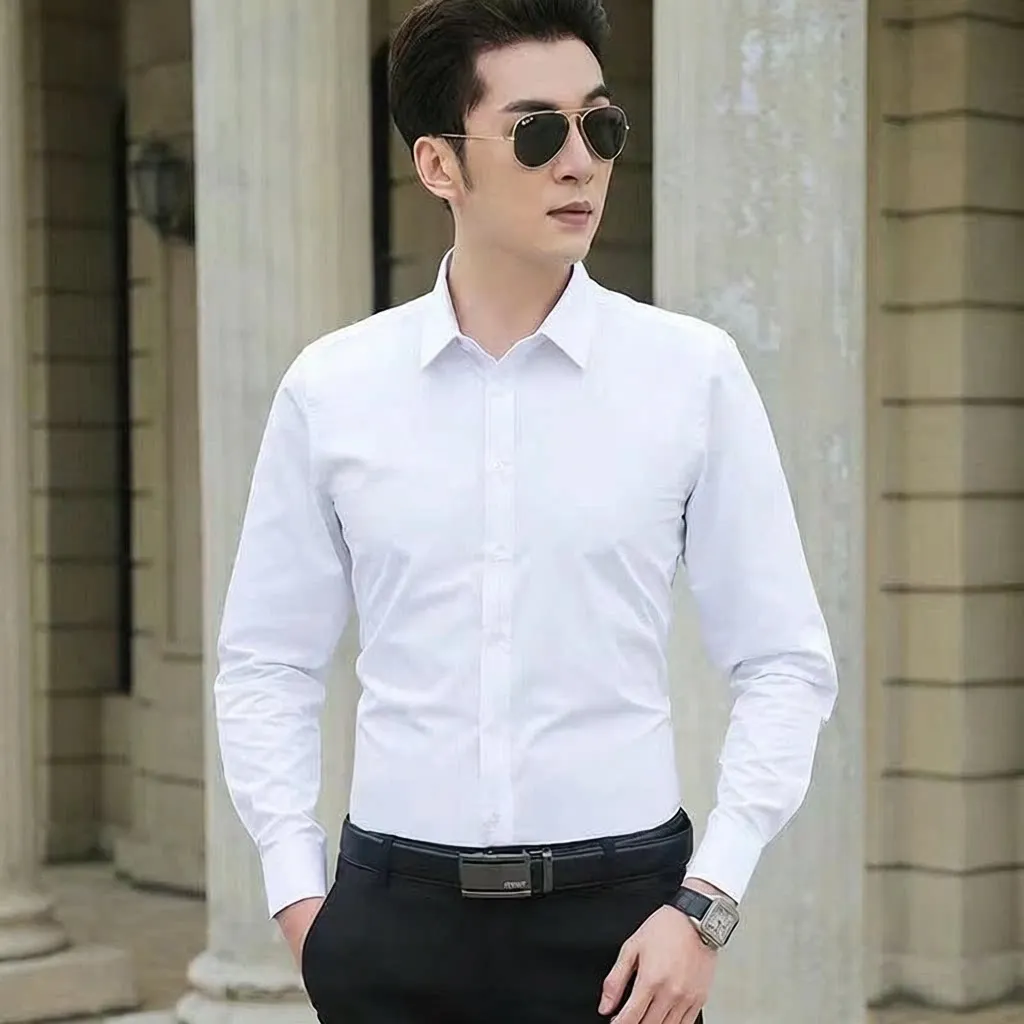 

Slim Fit Long Sleeve Pure Color Shirt for Men No Ironing Business Formal Workwear Polyester Fiber Spring Season Thin Model
