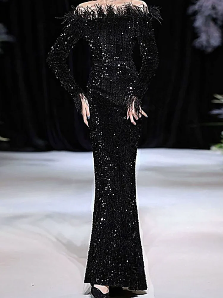

Luxury Strapless Beading Sleeveless Feather Straight Formal Evening Dresses Birthday Party Prom Gowns Customized