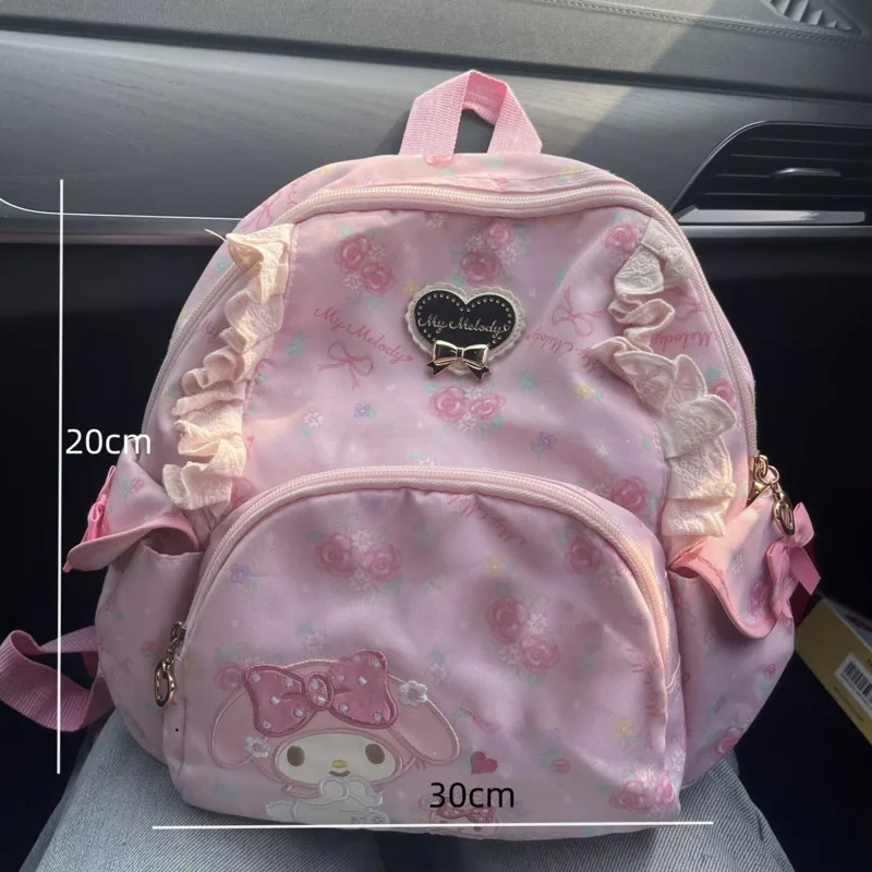 Miniso Sanrio MyMelody Pink Backpack Girl Cartoon Embroidery Japanese Schoolbag Lace Spliced Y2k Lolita Bag Kawaii Bag For Women