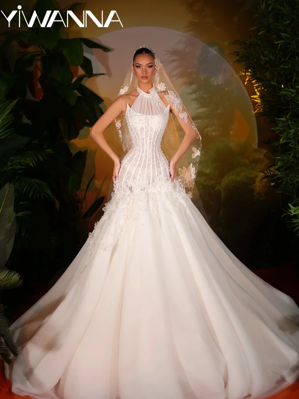 Vestido de novia de encaje con perlas florales en 3D, impresionante vestido de novia largo de sirena con cuello Halter, vestidos elegantes sin mangas personalizados para novia