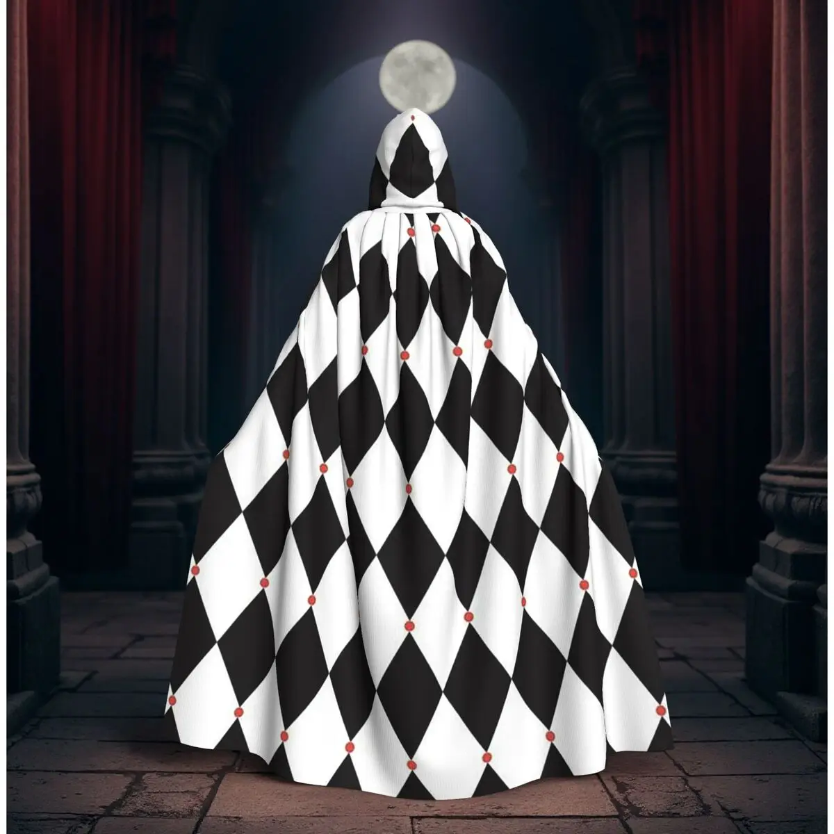 Harlekin-Karo-Spielkarten, langer Kapuzenumhang, Hexe, mittelalterliches Kostüm, Cosplay-Umhang, Halloween, Vampir, Erwachsene, Unisex