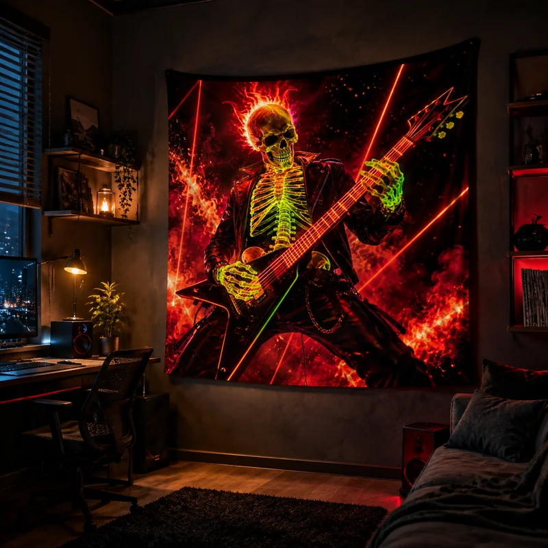 VIKAMA Fluorescent Green Viper Skull Tapestry, Gothic-Style Viper-Wrapped Skull Print Wall Hanging, Home Decor for Wall Display