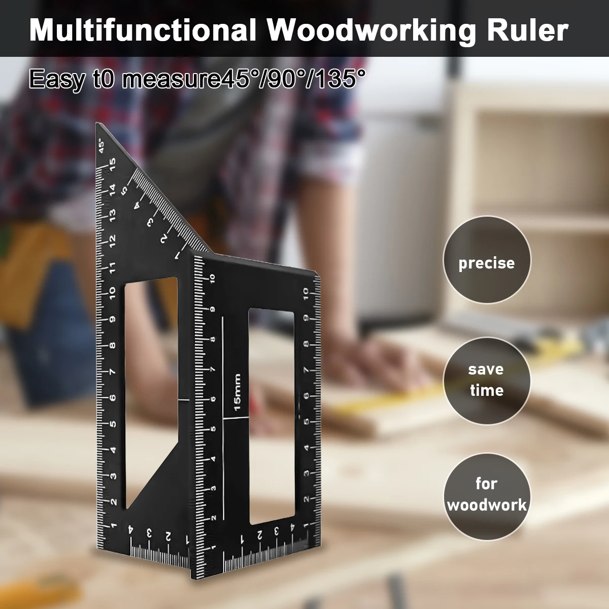 Woodworking Scriber Tool, Multifunctional Square Angle Ruler Aluminum Alloy Layout Square Gauge 45/90 Degree Angle T Ruler Black