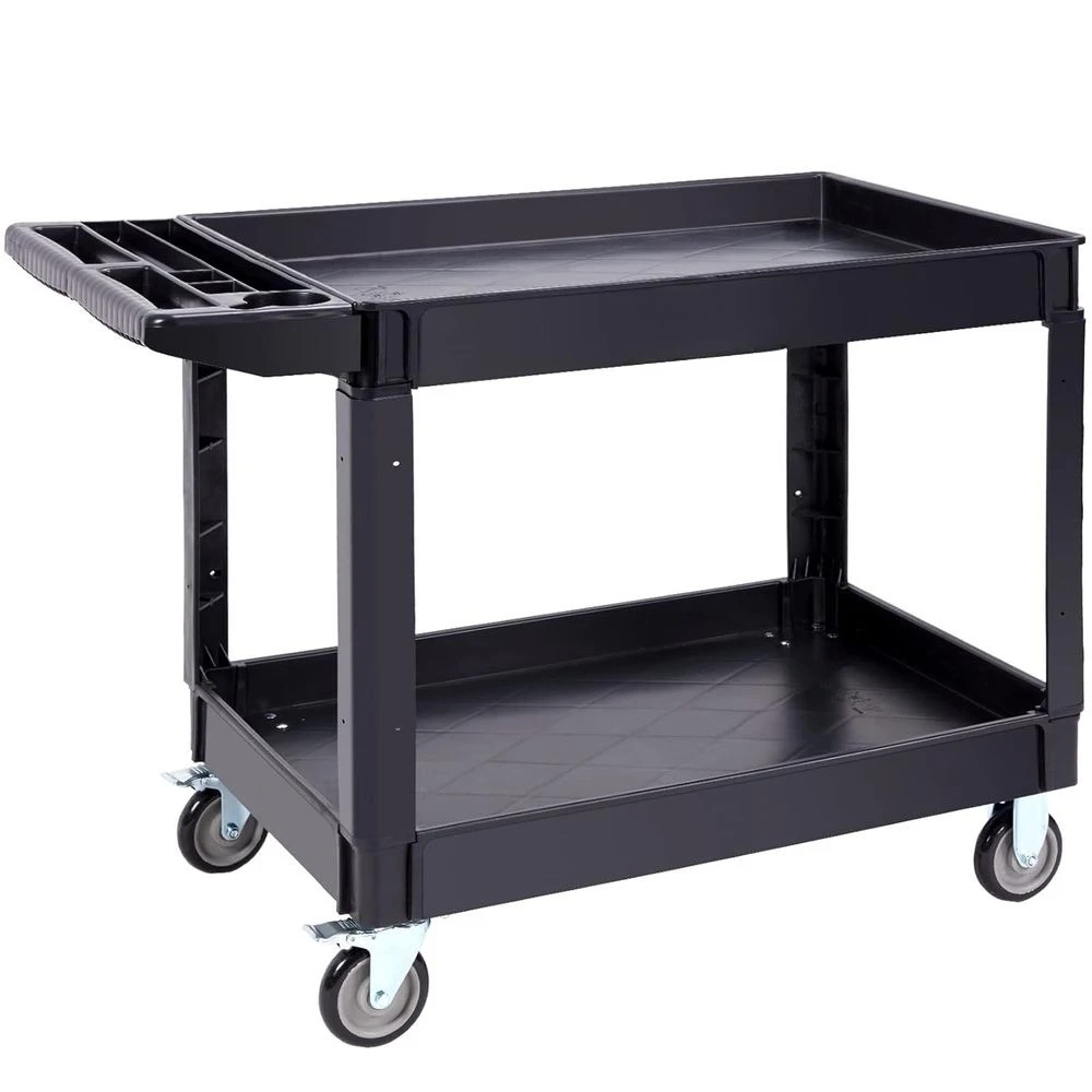 

Heavy-Duty 550lbs Plastic Utility Cart with 2 Shelves, Swivel Wheels & Brakes, Ideal for Storage in Warehouses, Garages