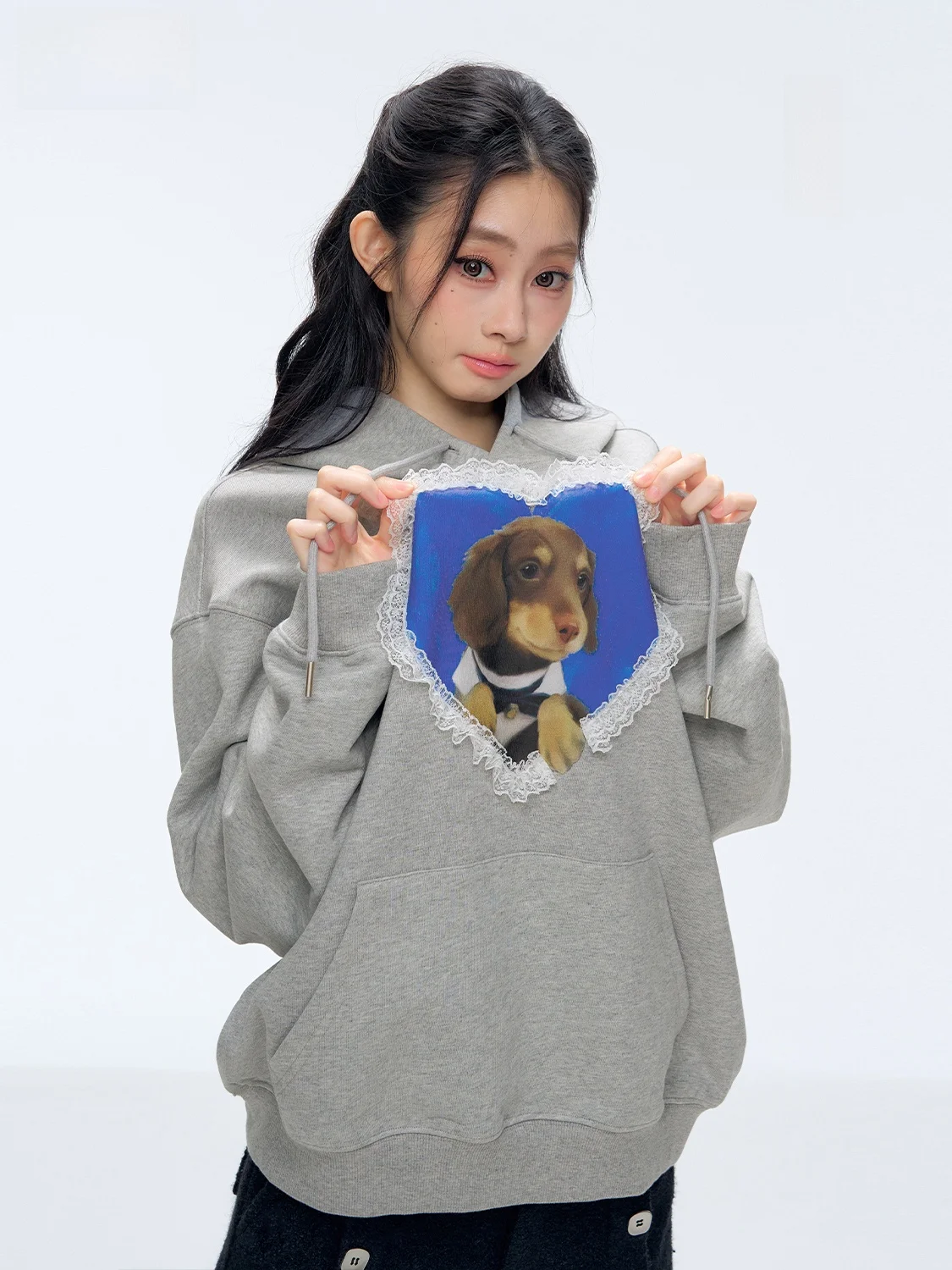 

PUNCH, осенне-зимняя новая толстовка с капюшоном с кружевной отделкой в виде сердца, колбасы и собаки, свободная посадка, длинный свитер Sve Crew Ne, хлопок, полиэстер